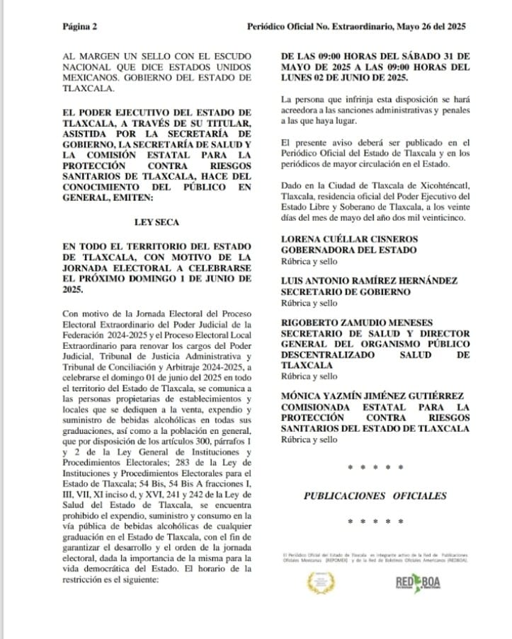 Emite gobierno del estado decreto de Ley Seca para la jornada electoral del próximo 01 de junio
